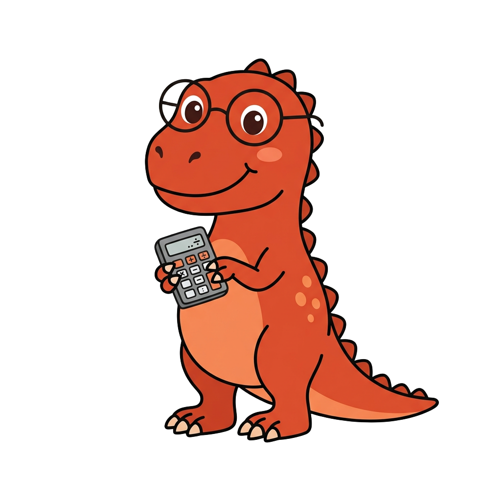 Revenue Rex, the RevenueLab mascot — a friendly T-Rex holding a calculator